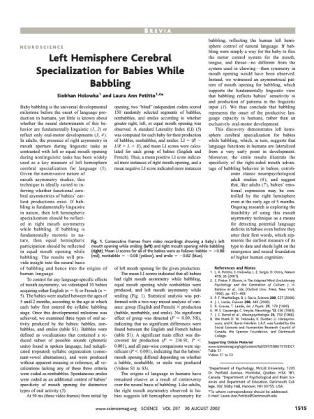 Left hemisphere cerebral specialization for babies while babbling